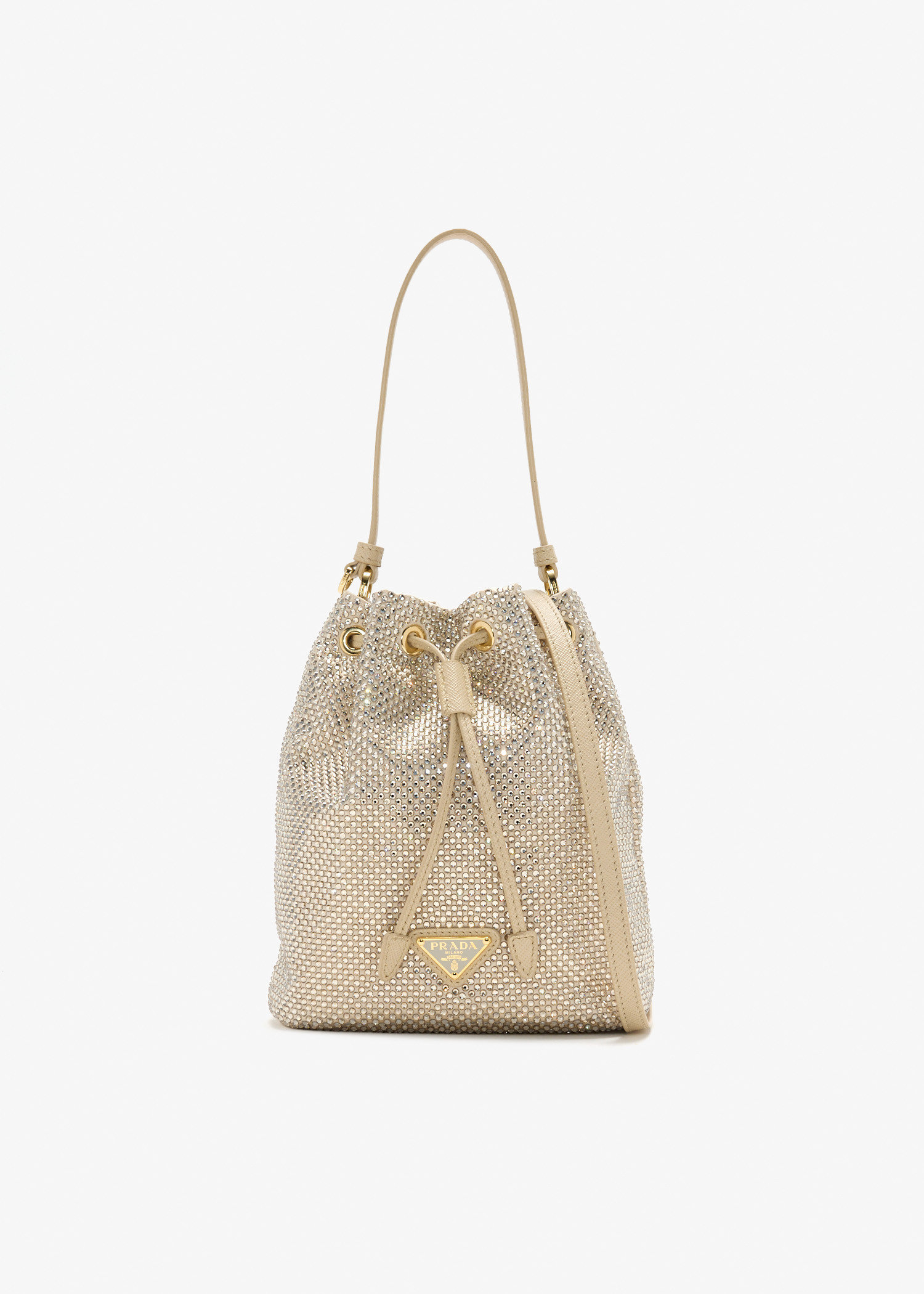 Mini crystal-studded satin bag, Beige
Mini crystal-studded satin bag, Beige
