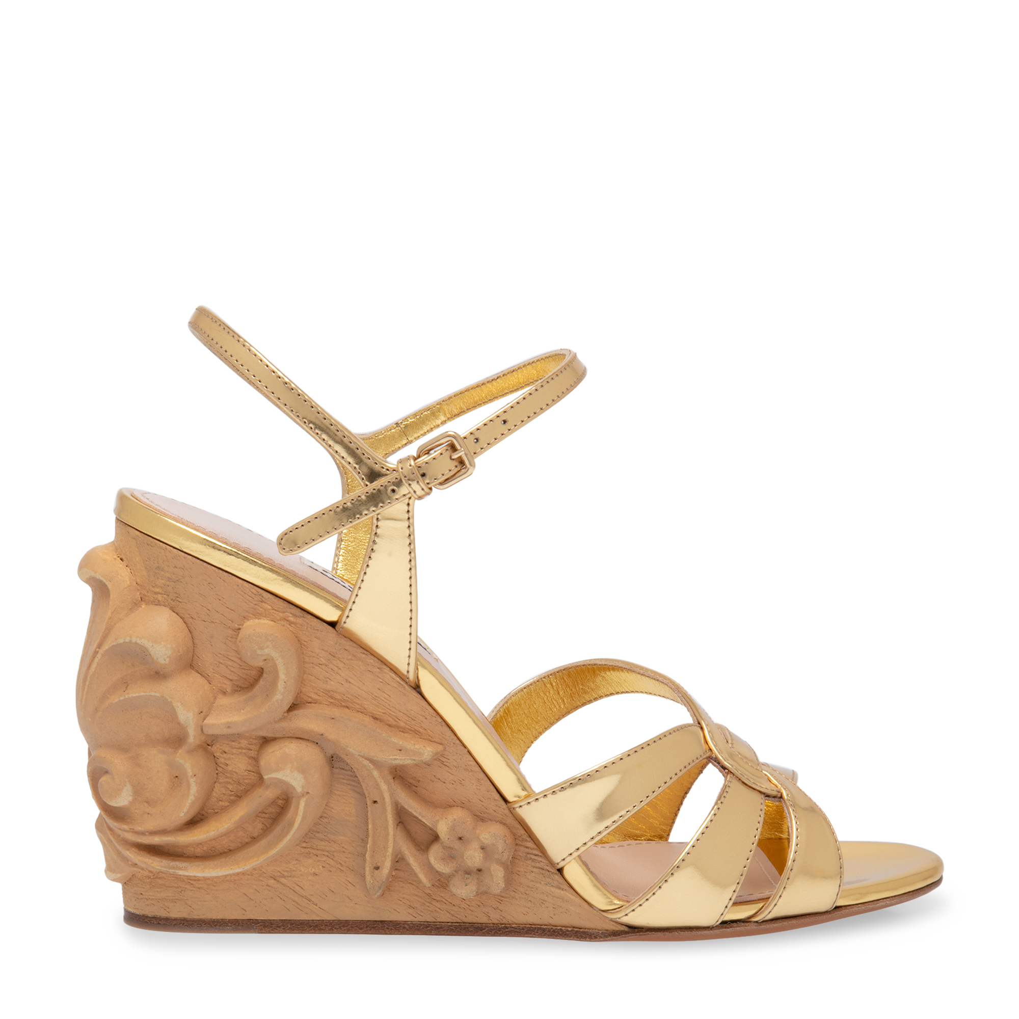 Metallic leather wedge sandals, Gold
