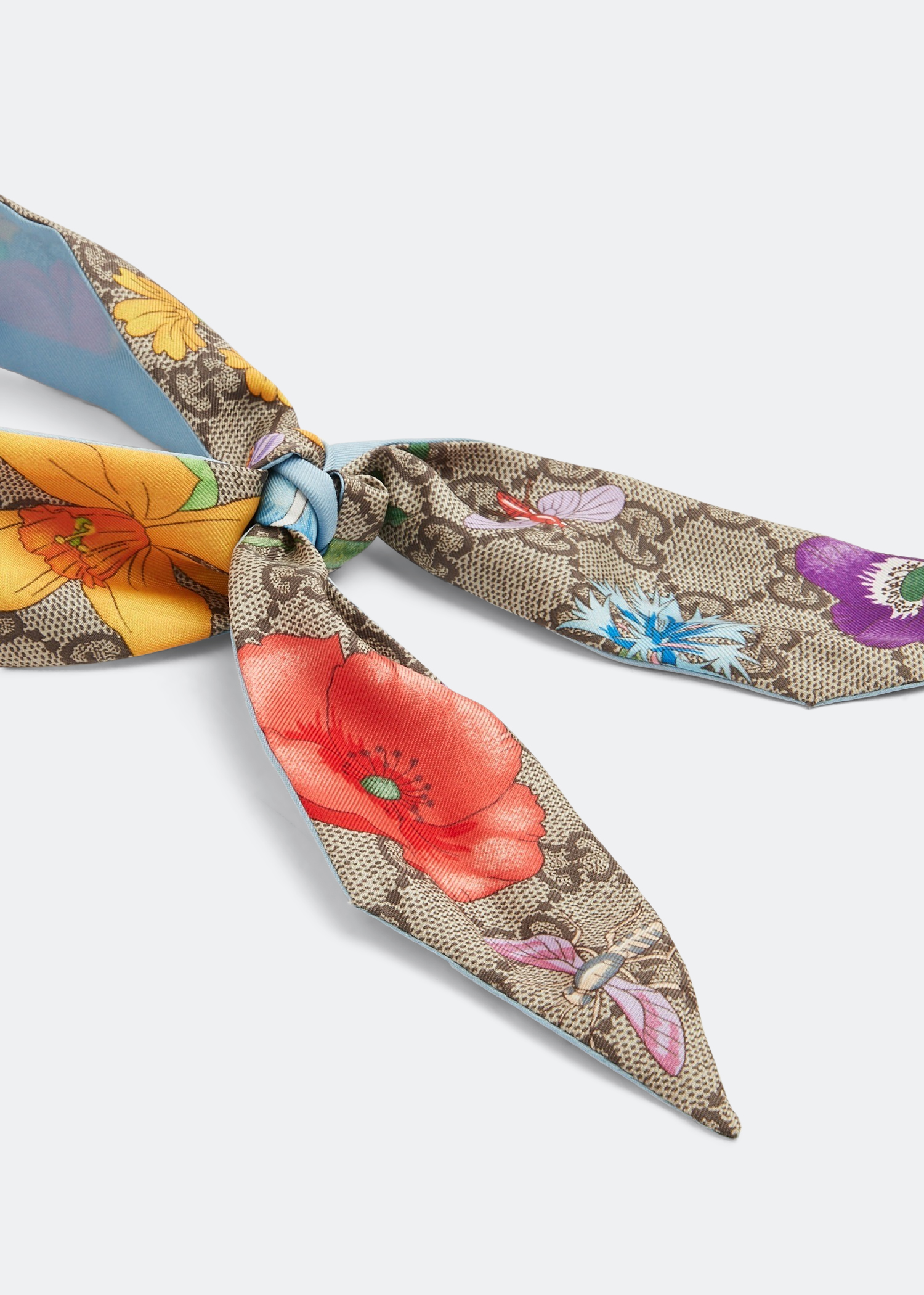 GG Flora print silk neck bow, Blue