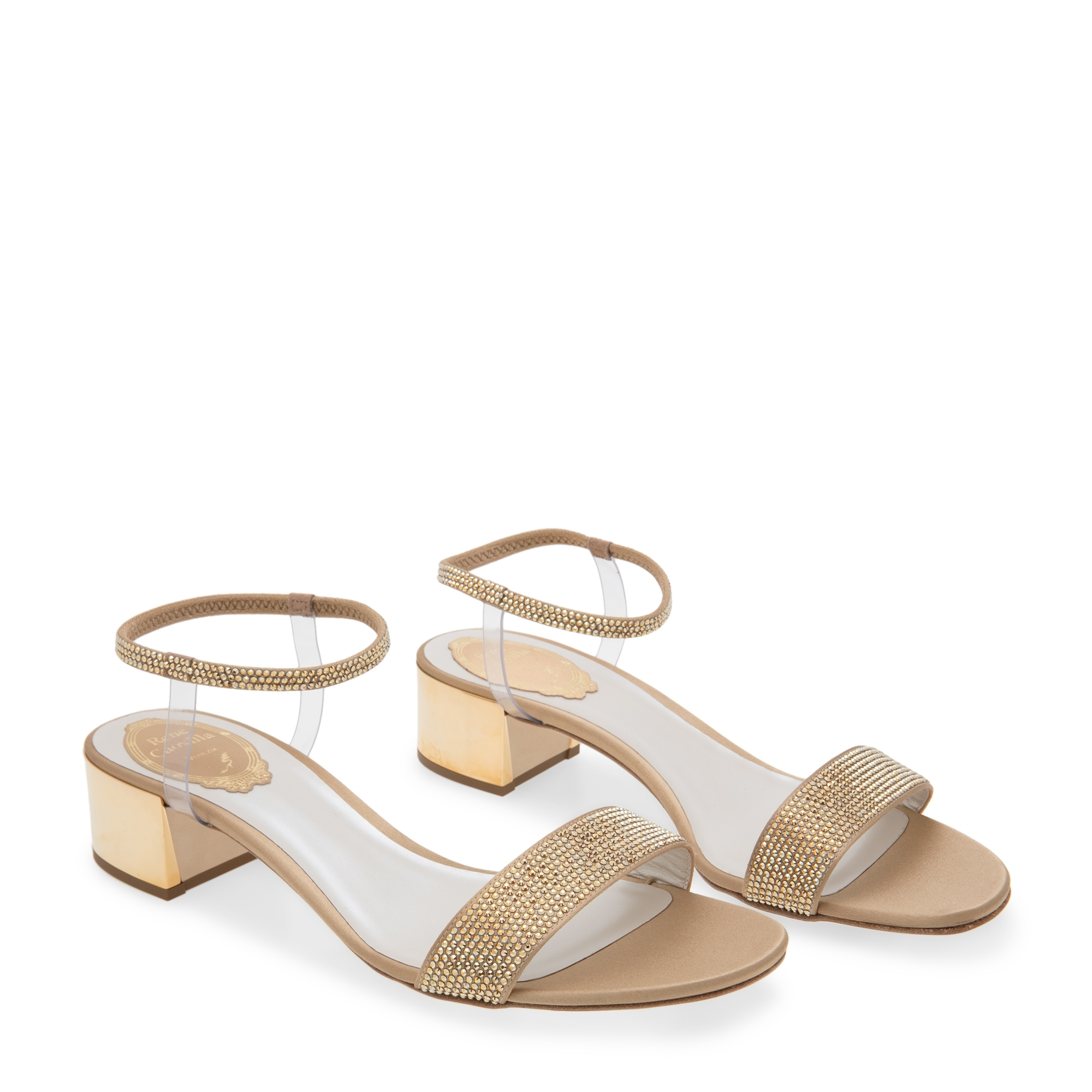 Crystal embellished satin sandals, Gold