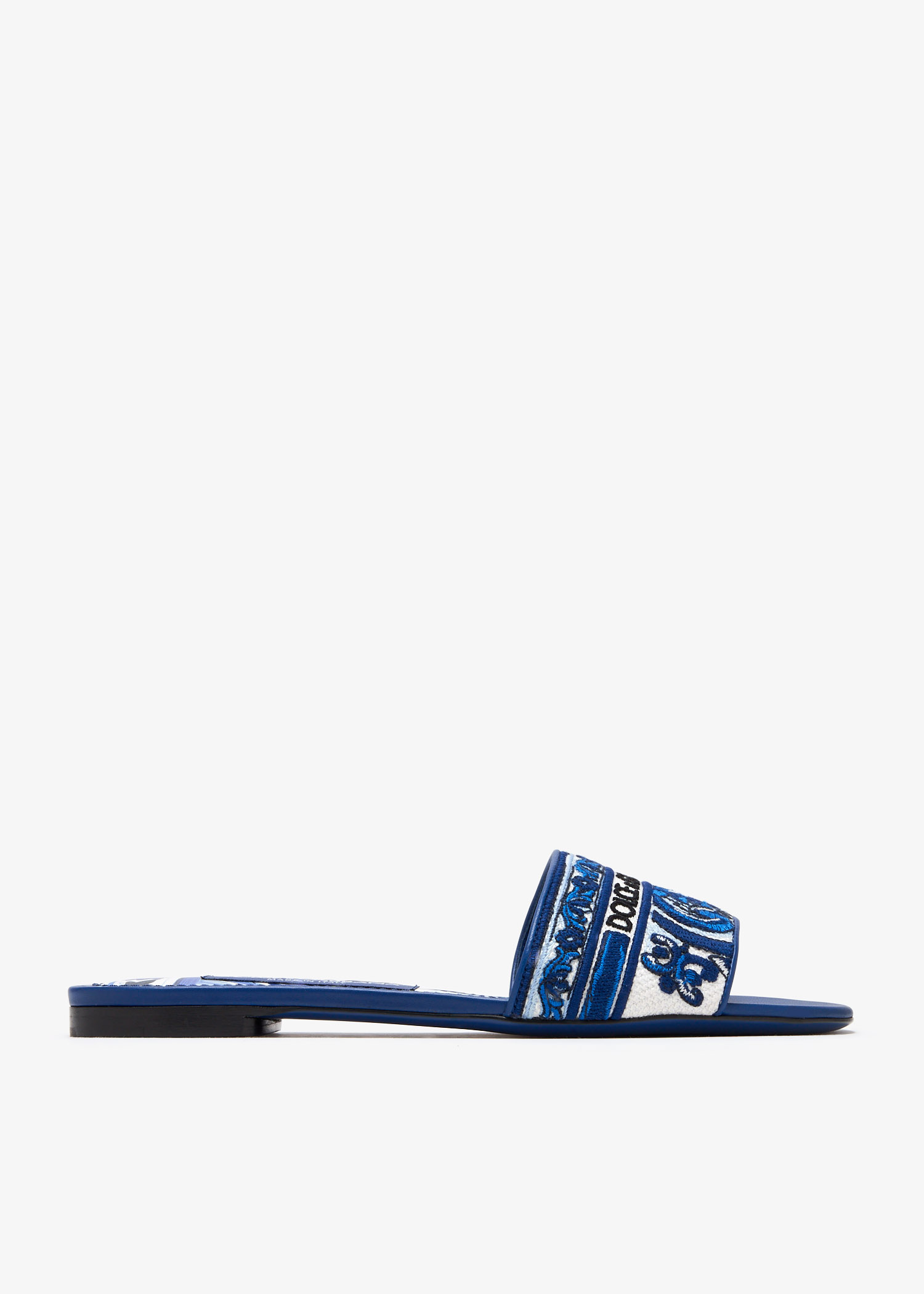 Maiolica-embroidered slide sandals, Blue
Maiolica-embroidered slide sandals, Blue