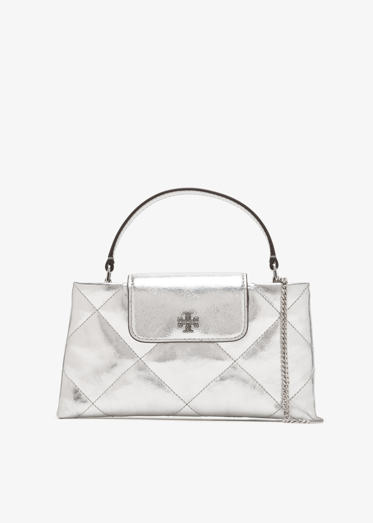 

Kira diamond quilt East West top handle bag, Silver