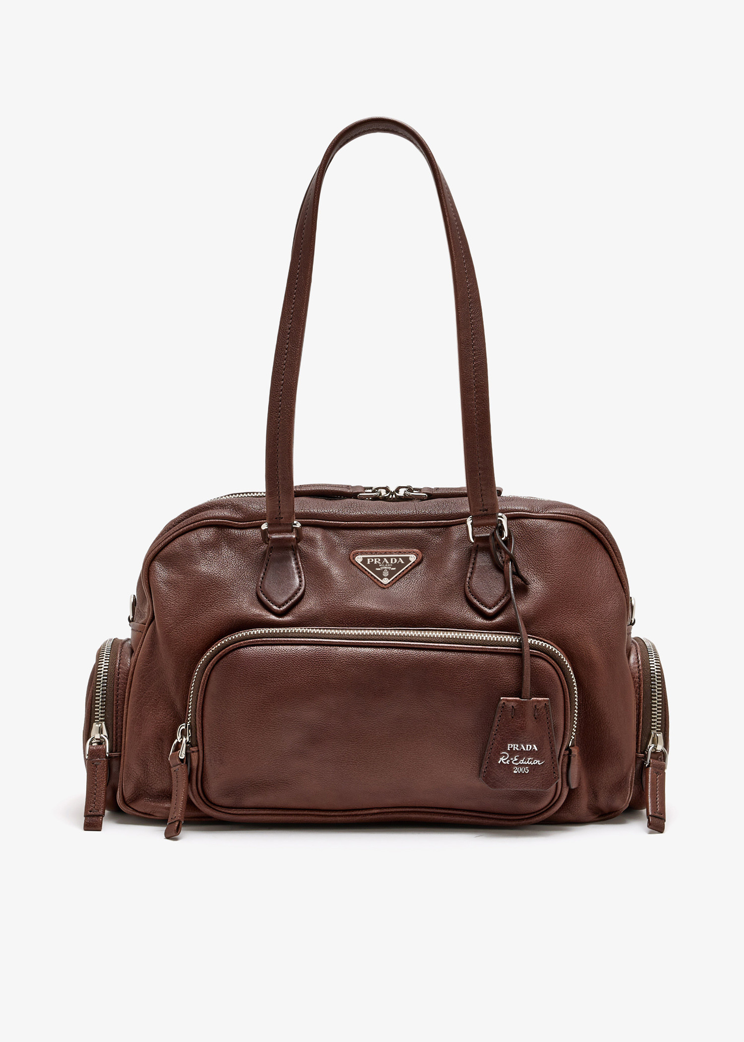 

Large washed leather top handle bag, Brown