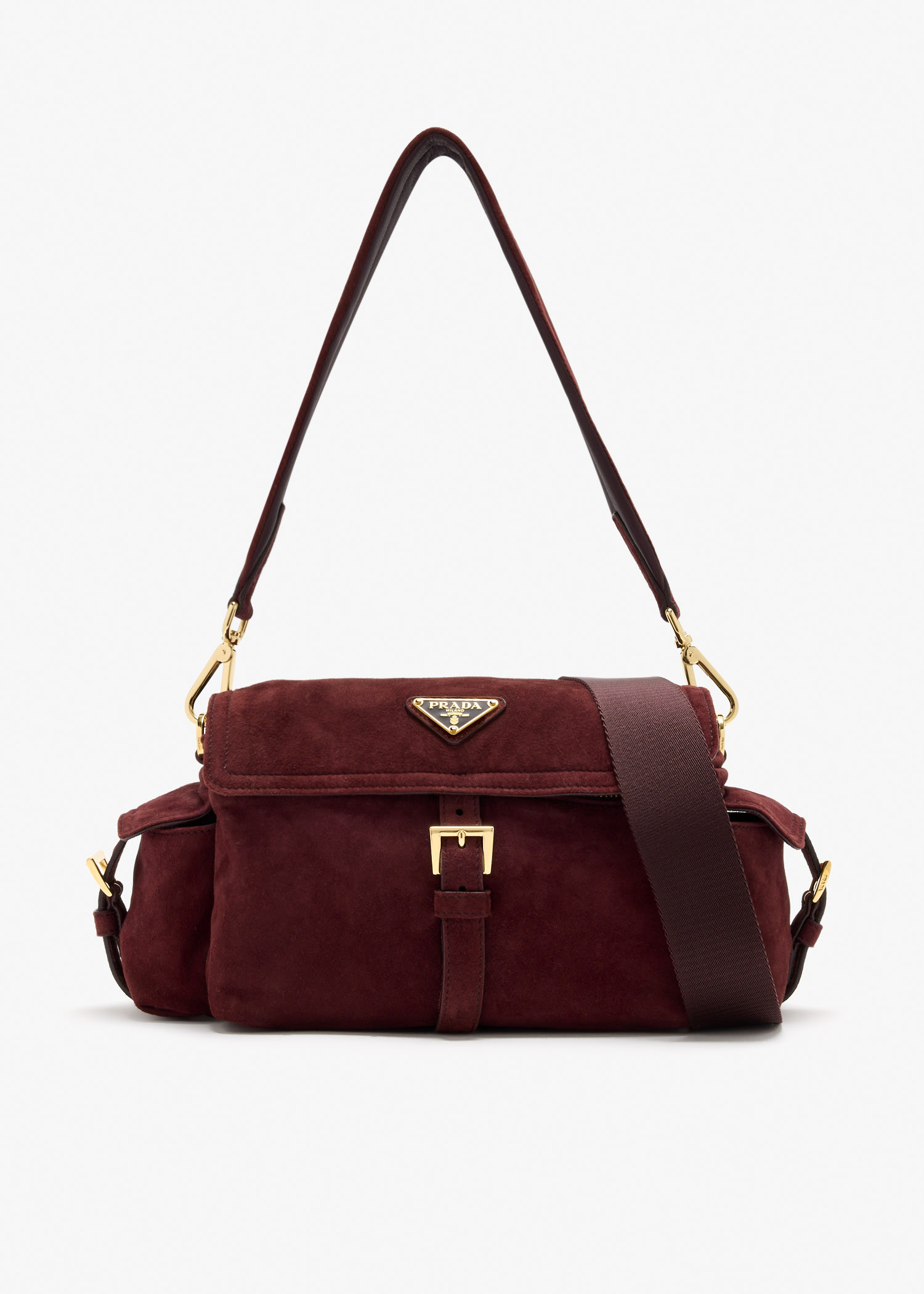 

Prada Explore medium suede shoulder bag, Burgundy