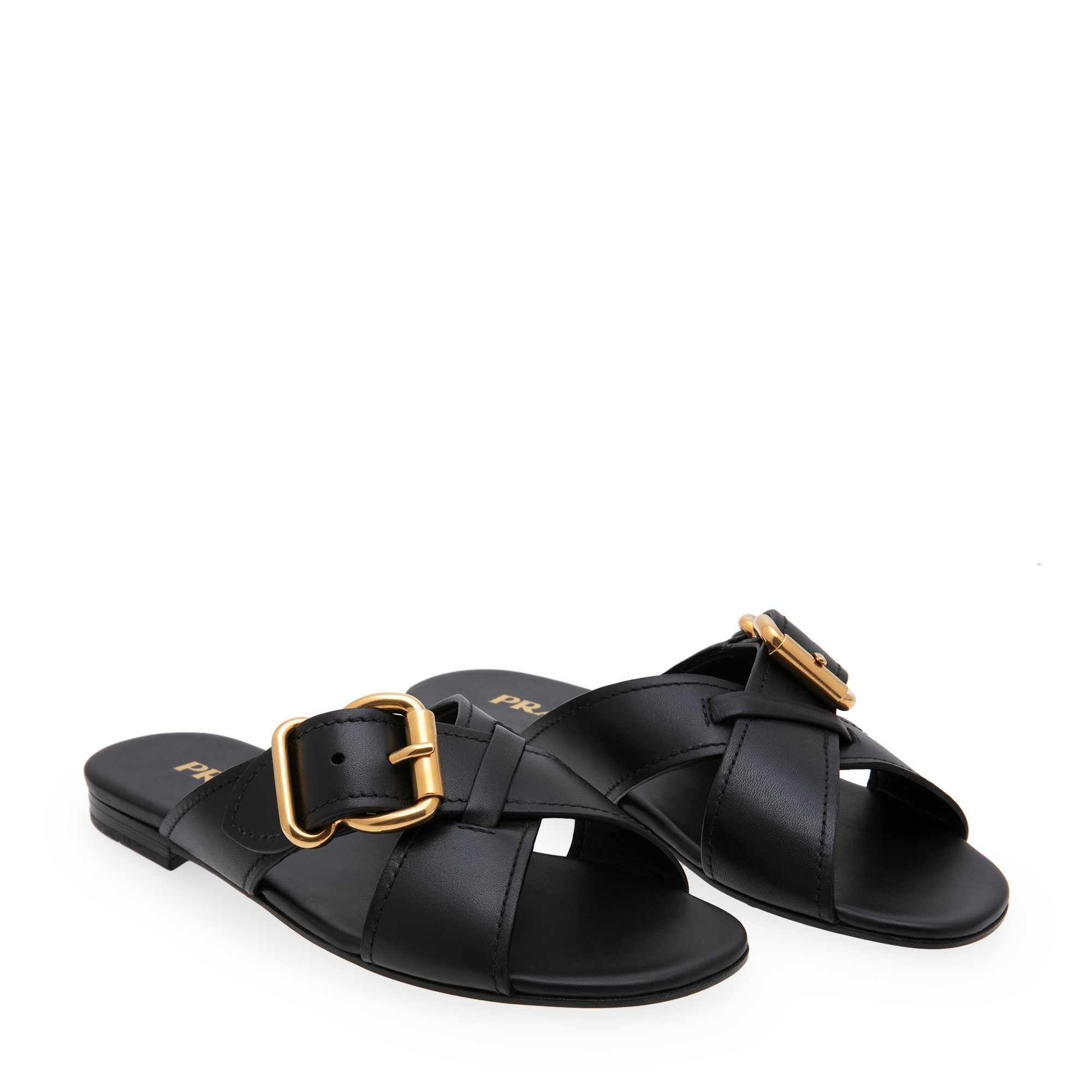 

Buckled cross-over leather slides, Black