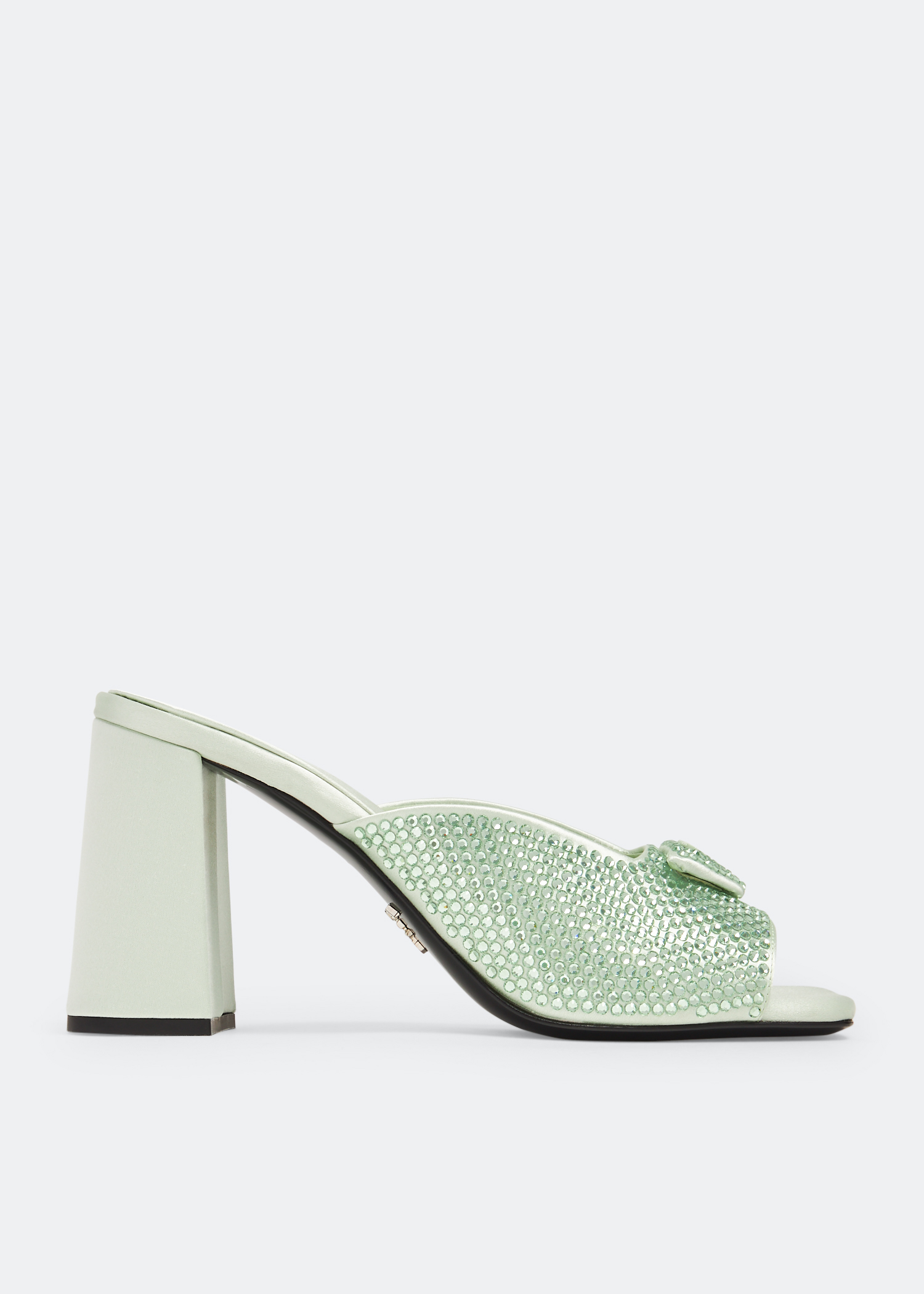 

High-heeled crystal satin slides, Green