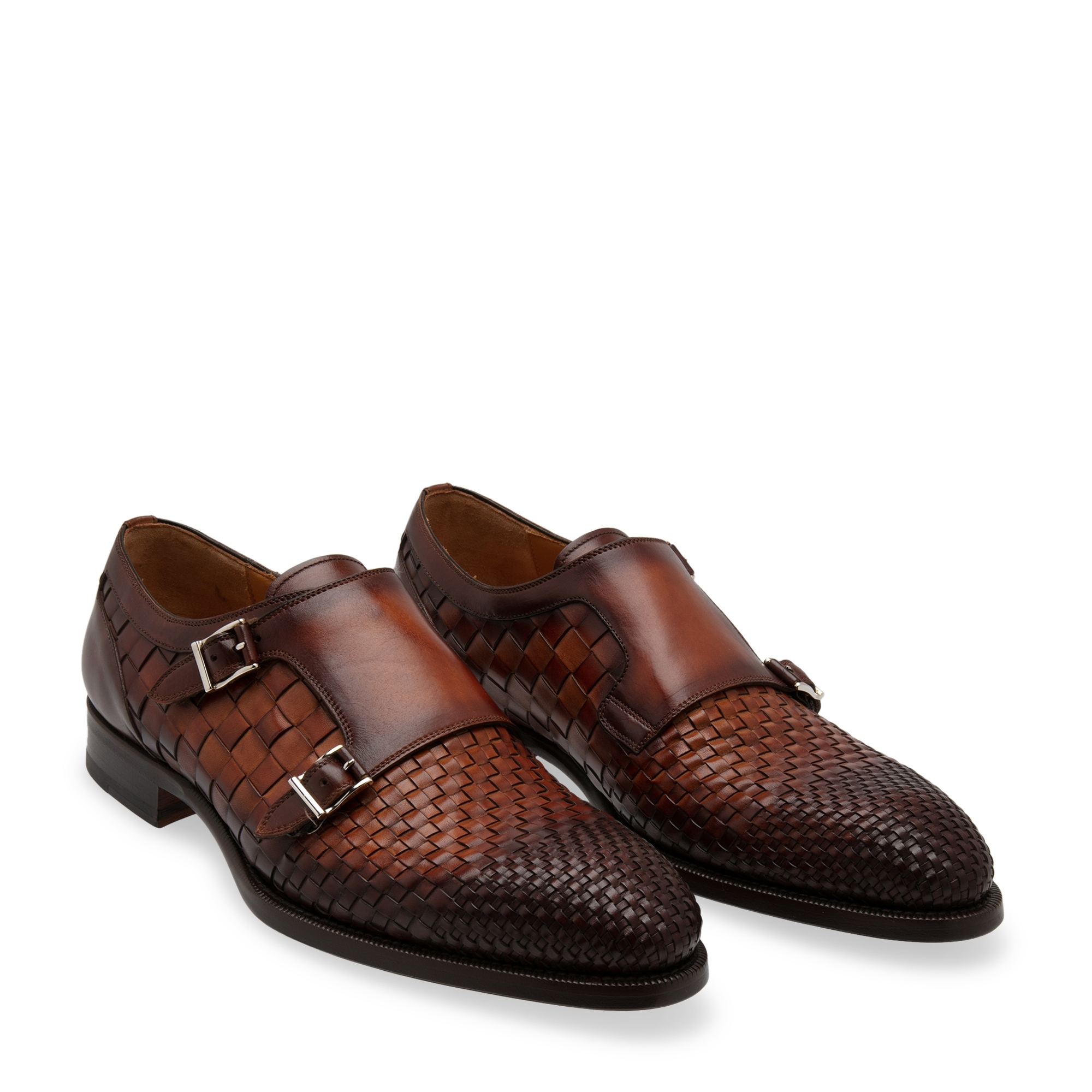 

Woven leather monk-strap shoes, Brown