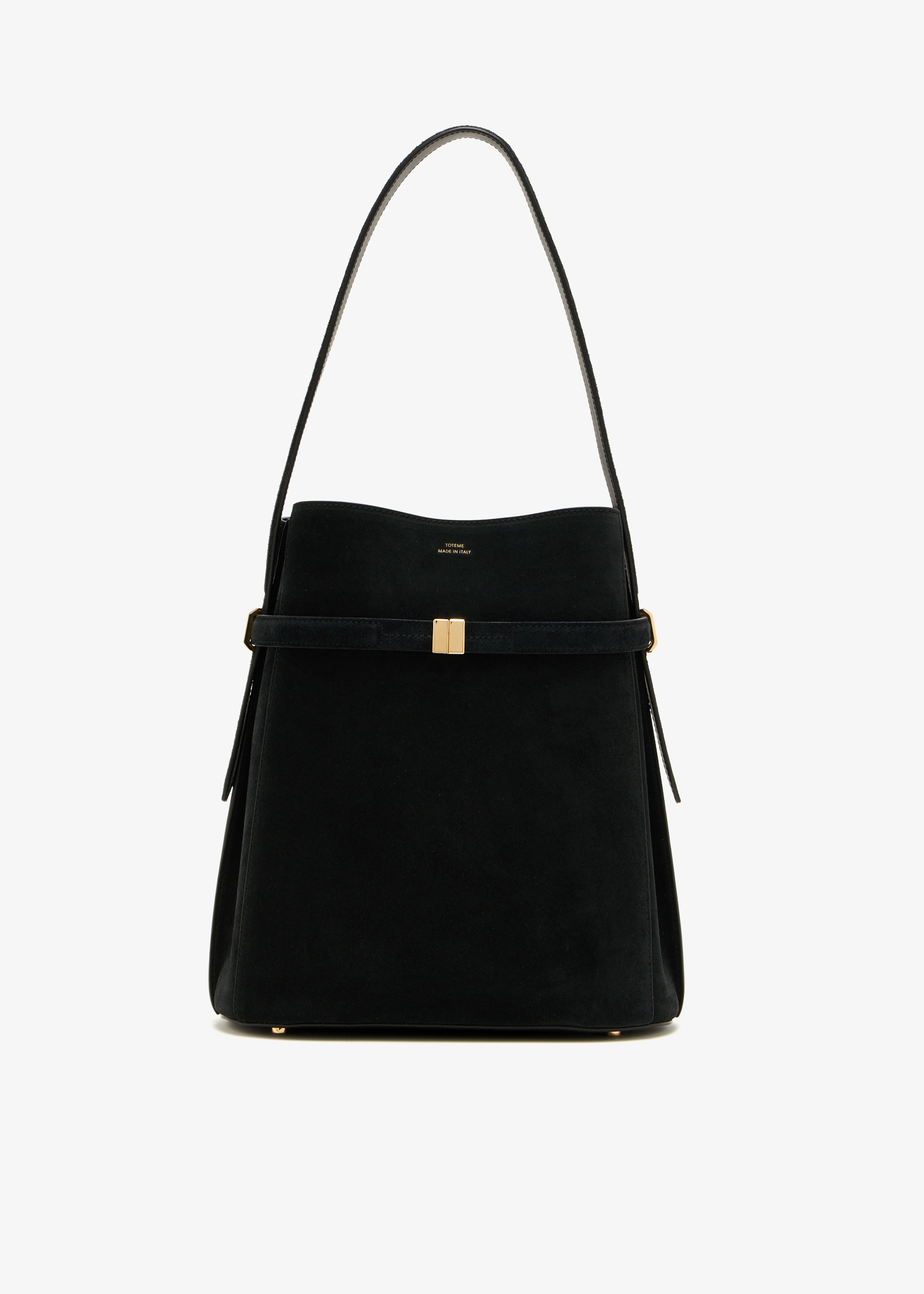 

Belted suede bucket bag, Black