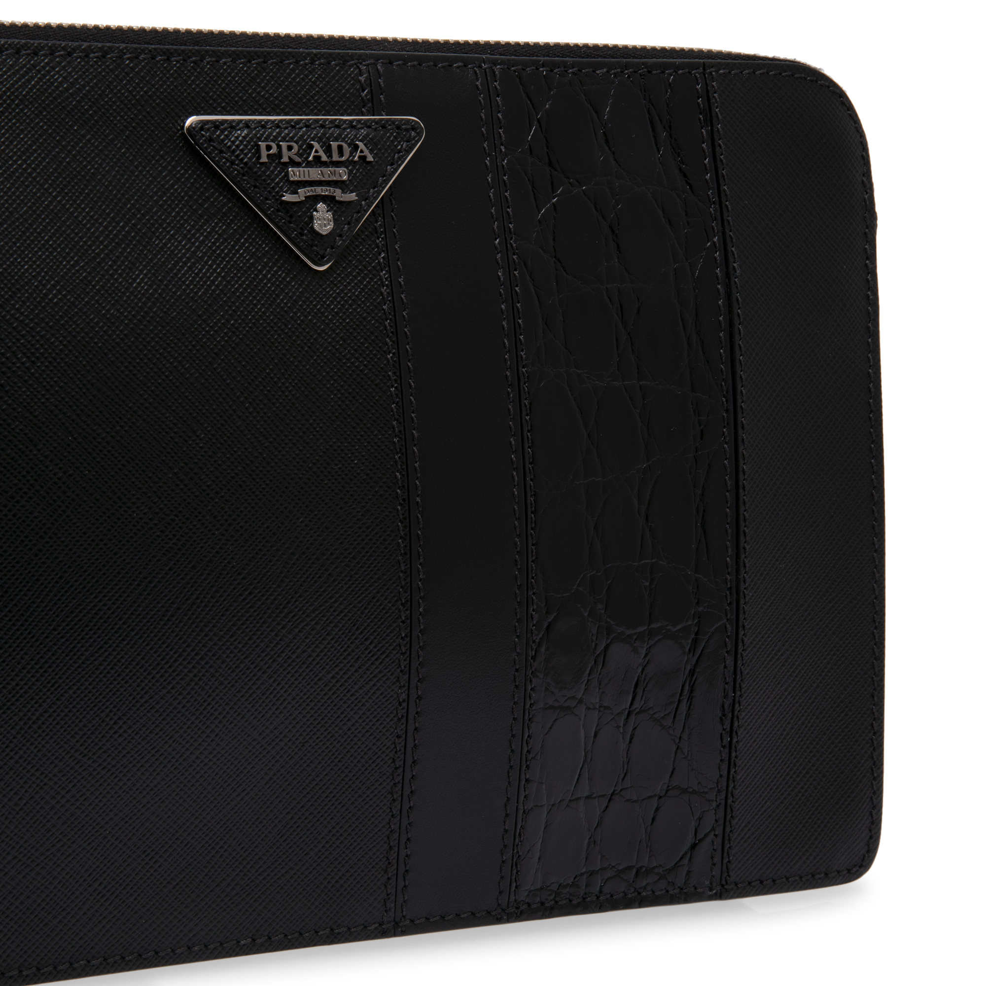 

Saffiano and crocodile leather pouch, Black