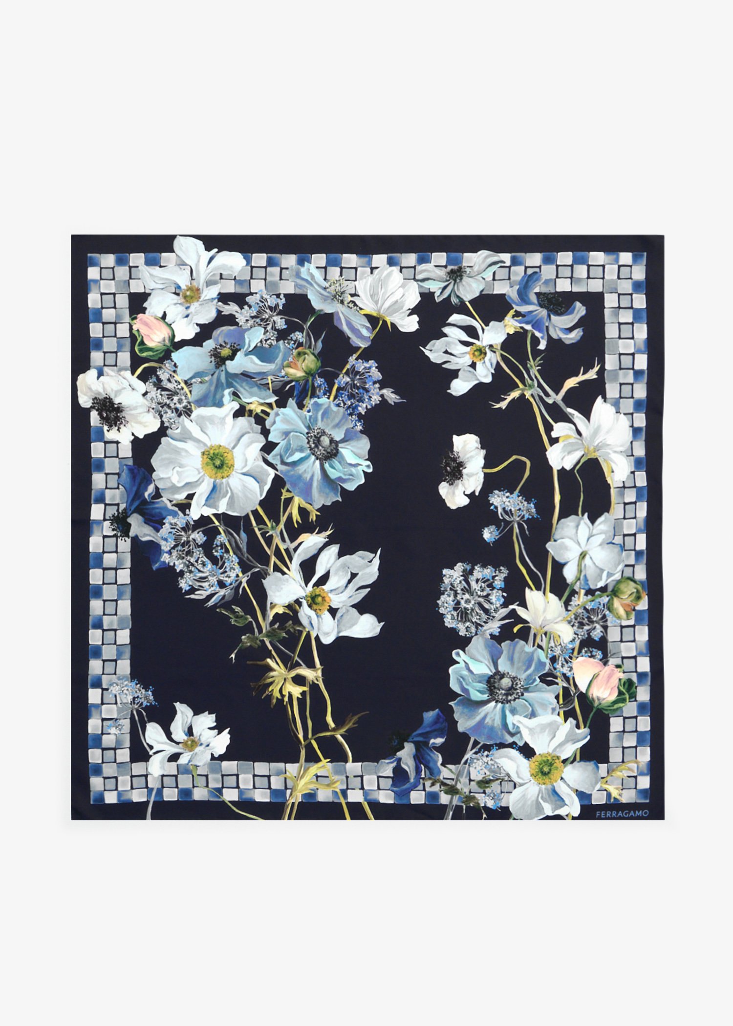 

Fiori print silk scarf, Navy