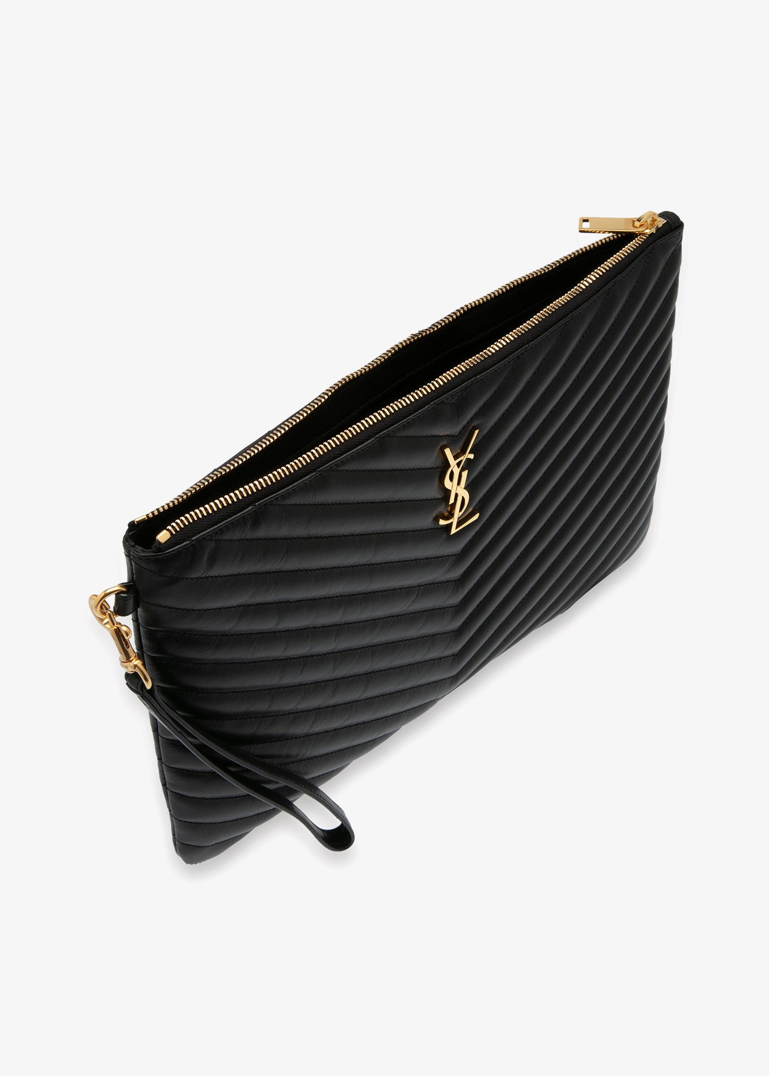 YSL MONOGRAM系列V字縫線魚子醬牛皮金屬LOGO暗釦手拿長夾