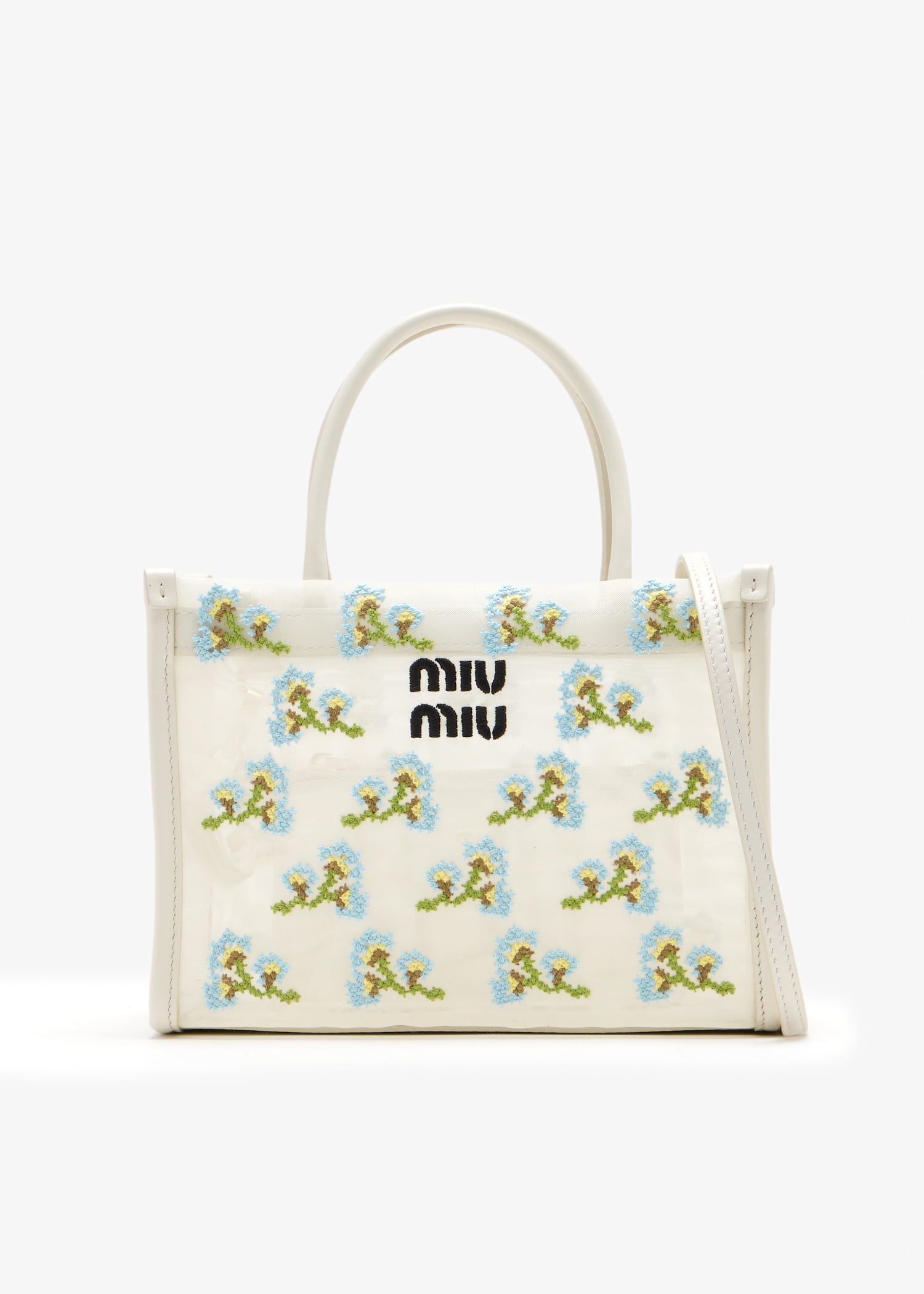

Embroidered mesh top-handle bag, White