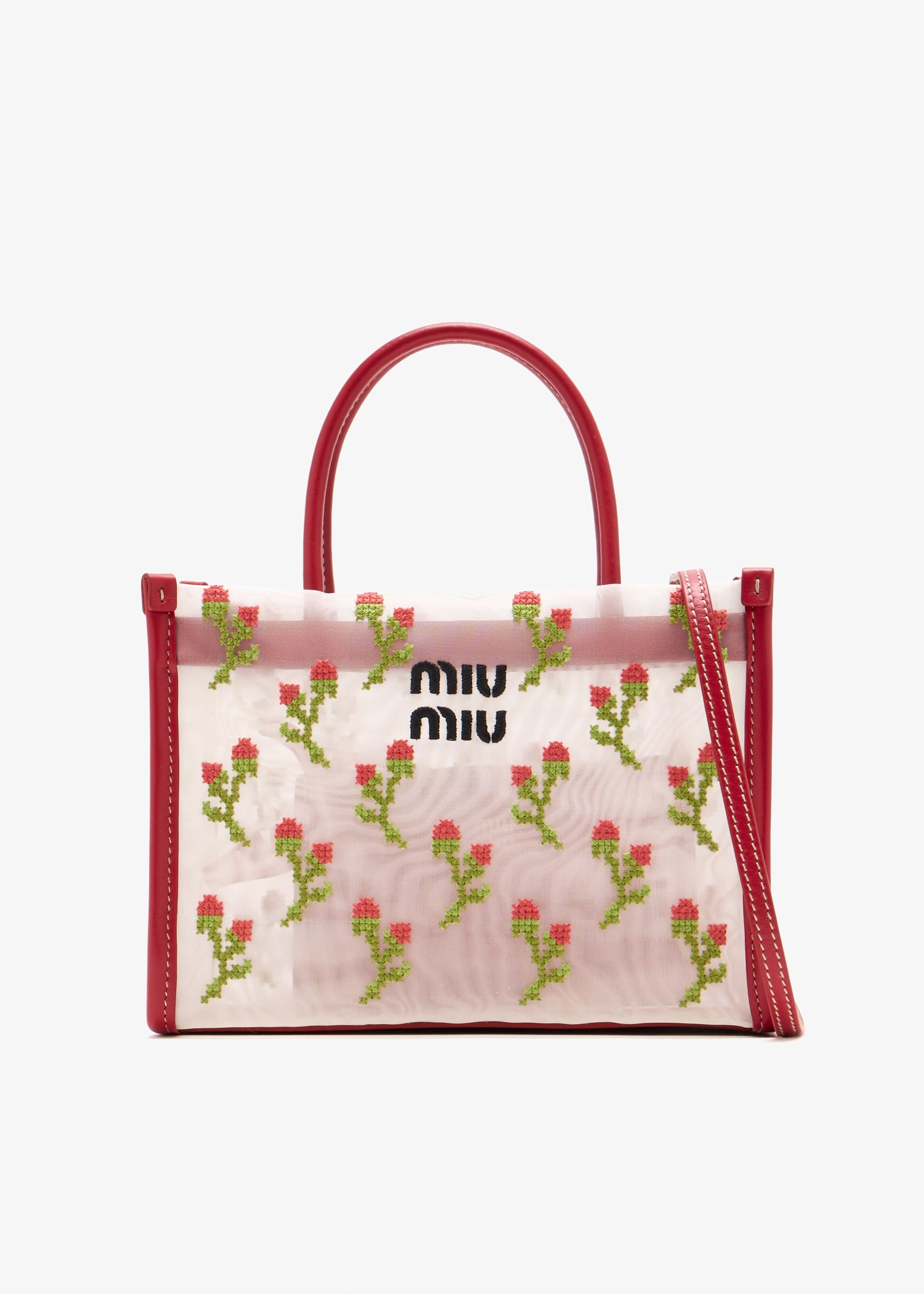 

Embroidered mesh top-handle bag, White