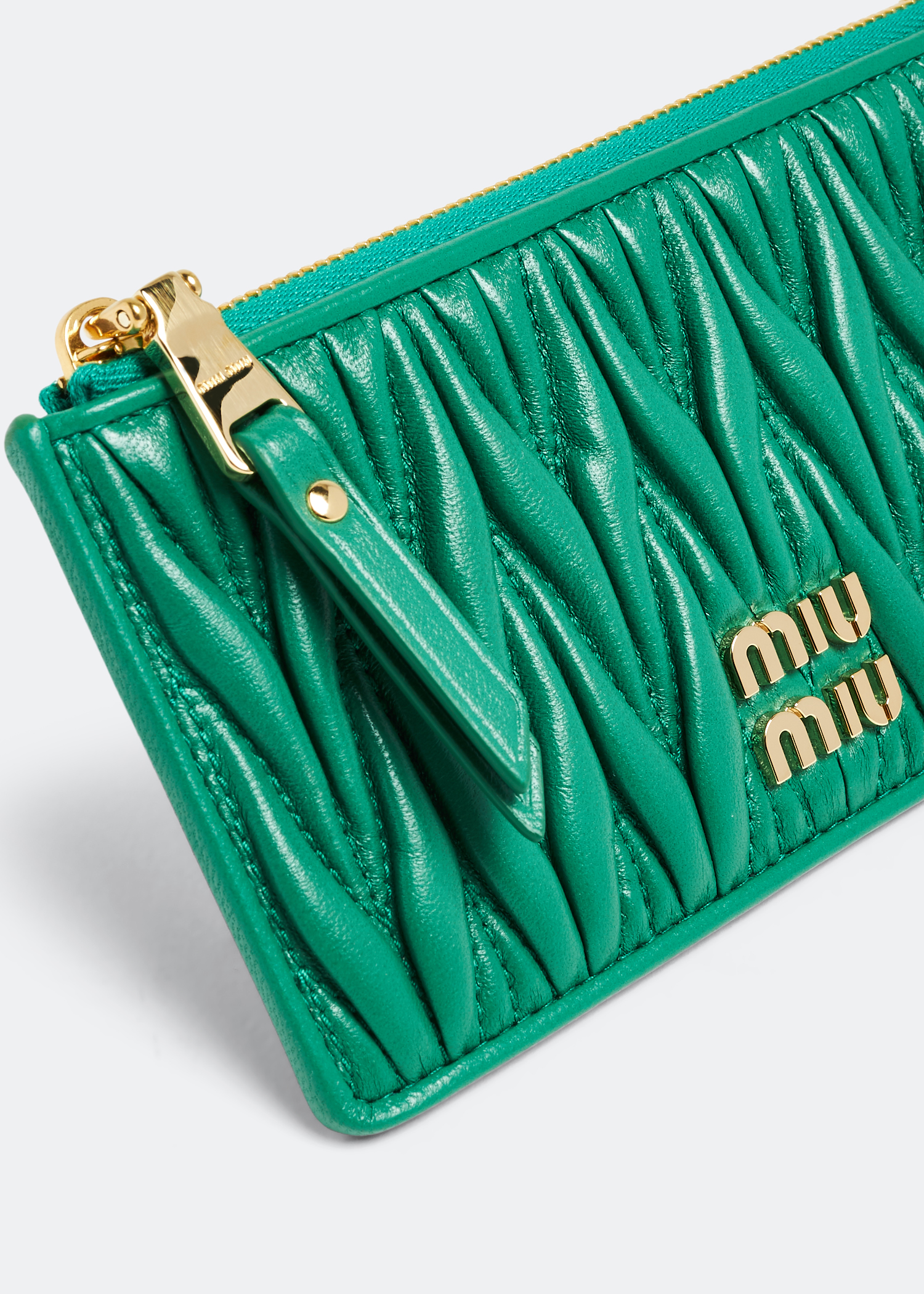 

Matelassé leather zipper wallet, Green
