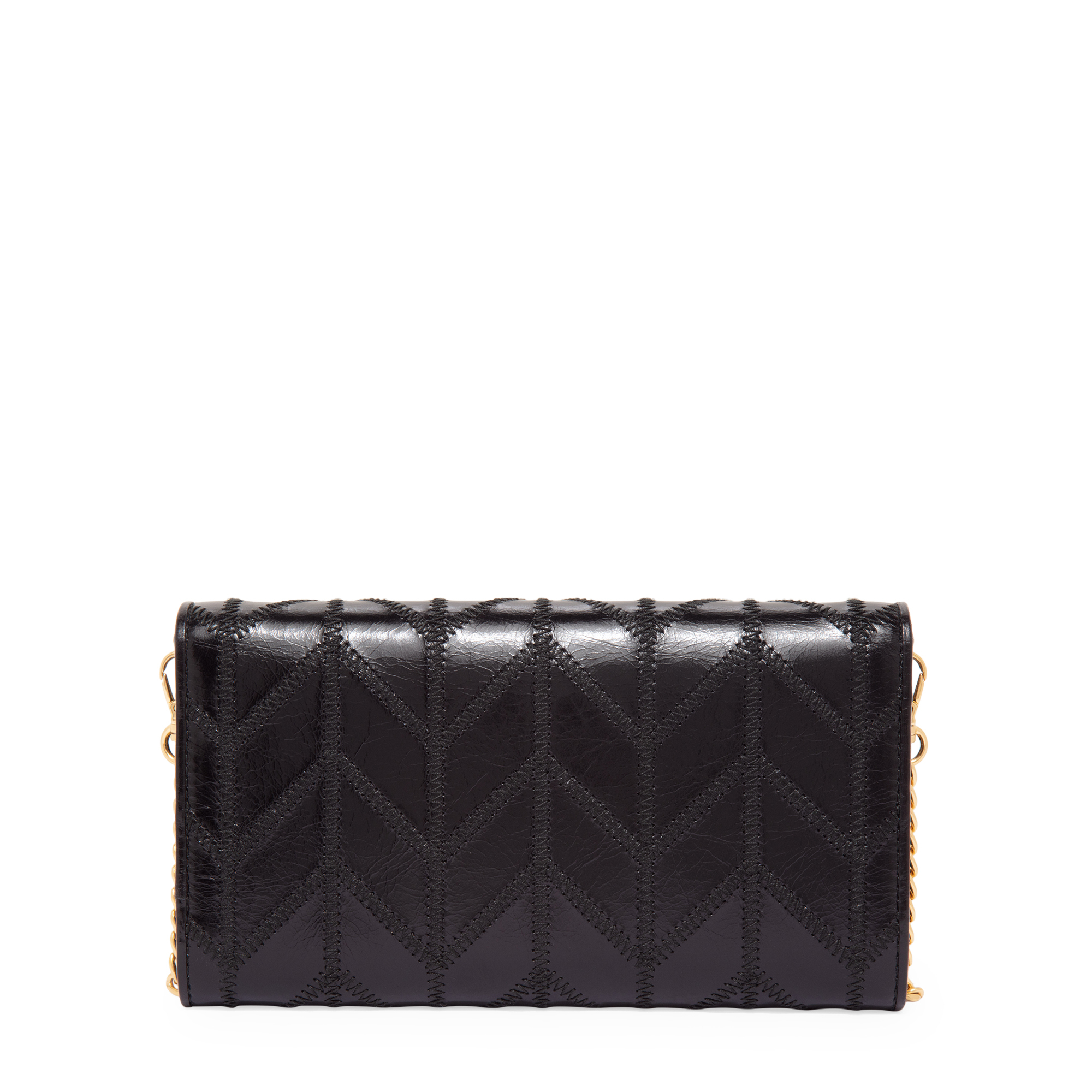 

Embroidered patchwork chain wallet, Black