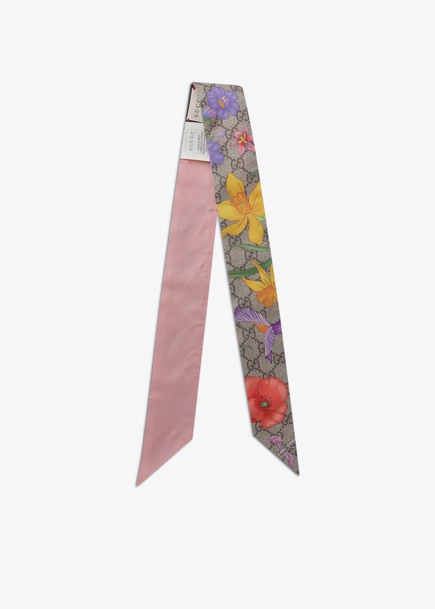 

GG Flora print silk neck bow, Pink