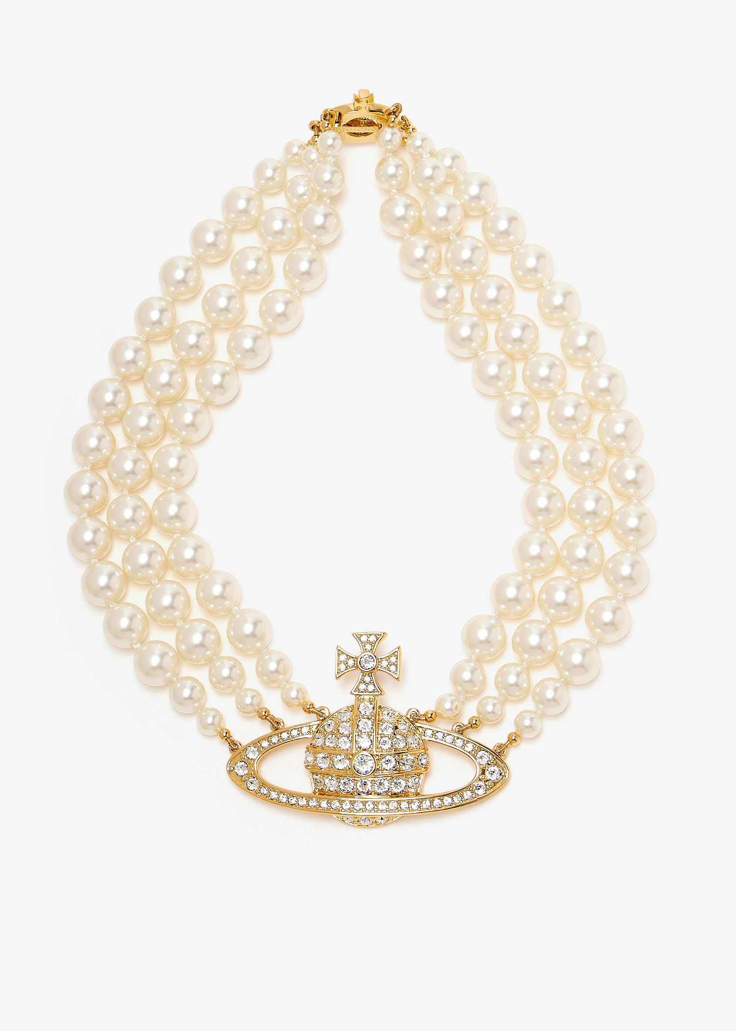 

Three row pearl bas relief choker, White