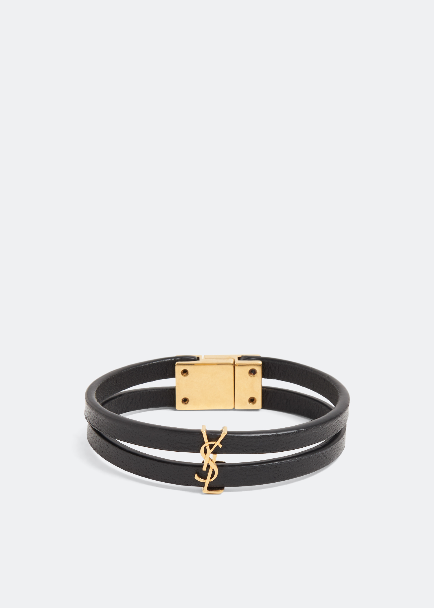 Saint Laurent Leather Ysl Monogram Double-Wrap Bracelet, Black