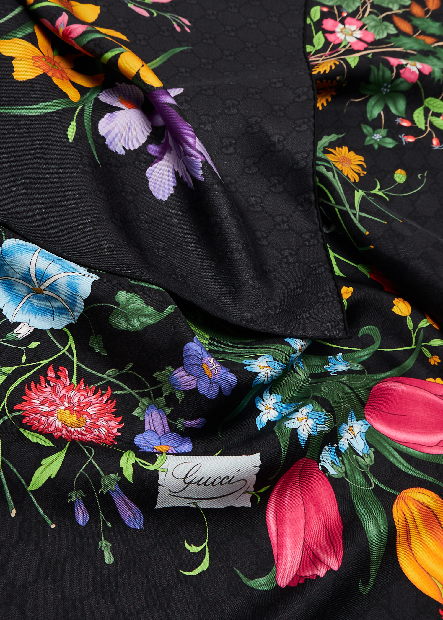 

Flora print silk twill scarf, Black