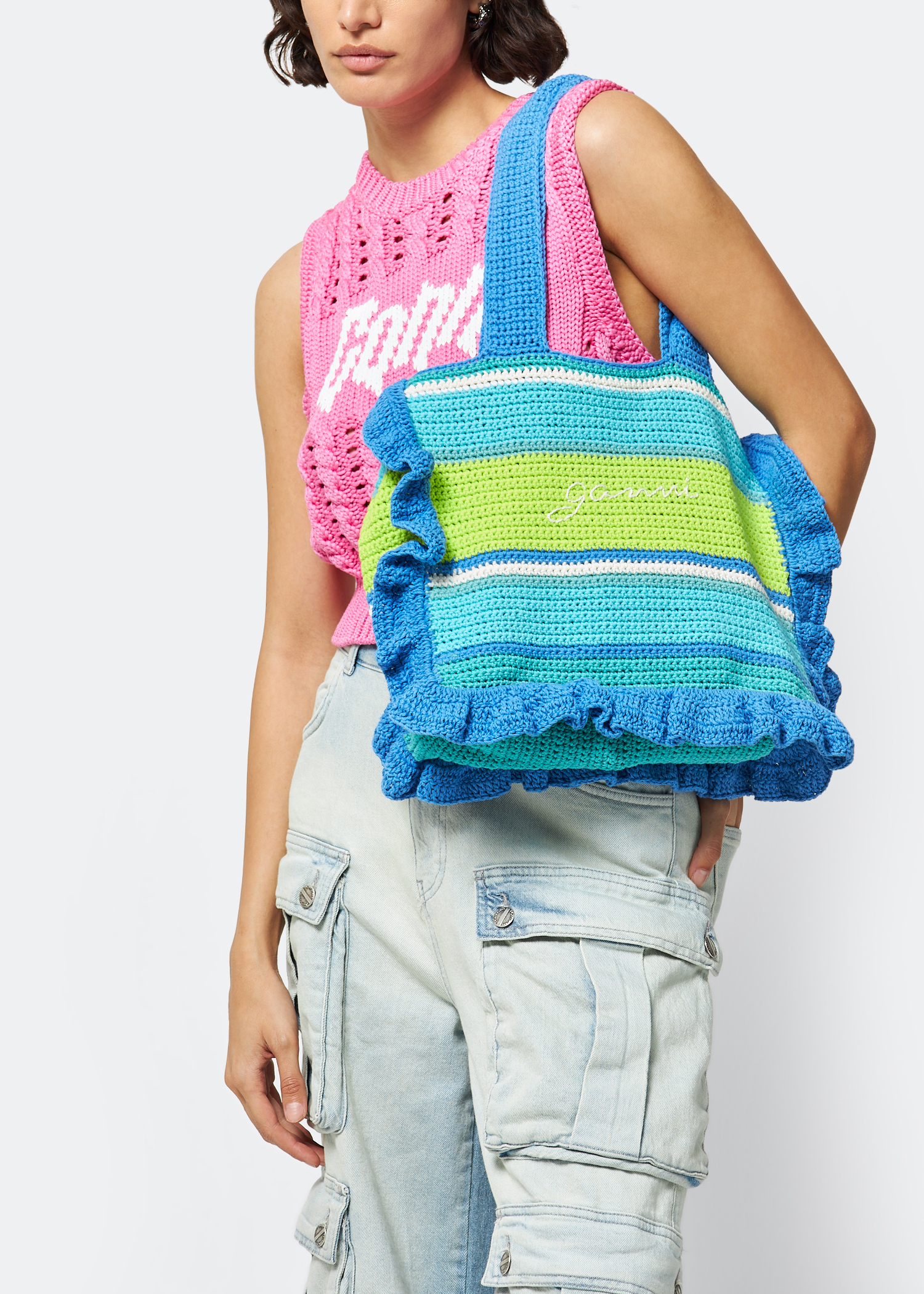 

Crochet frill tote bag, Blue