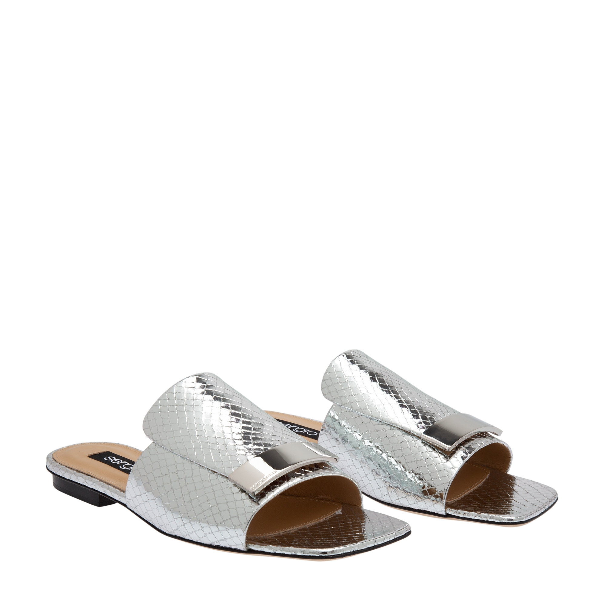 

Metallic silver leather mules