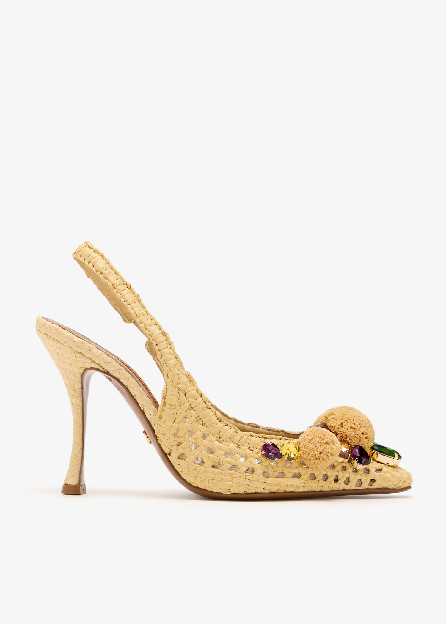 

Gemstone-embellished raffia slingback pumps, Beige