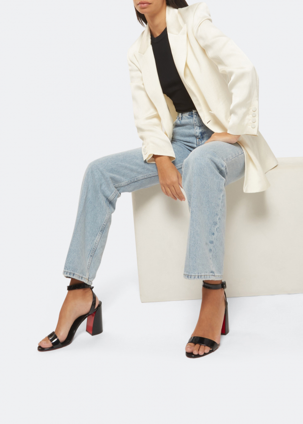 Christian Louboutin Nude Miss Sabina 85 Patent Ankle Strap Sandal Block Heel Stiletto 37 Pumps 