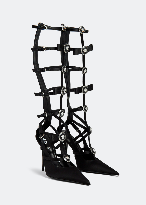 Versace Black Gianni Ribbon Satin Cage Heels