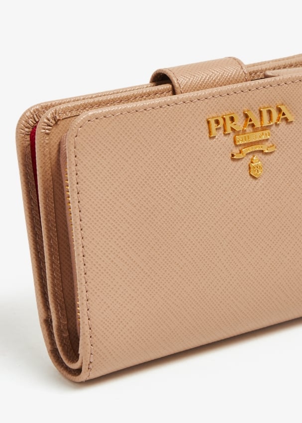 PRADA Small Saffiano Leather Zip Around Wallet Cameo Beige