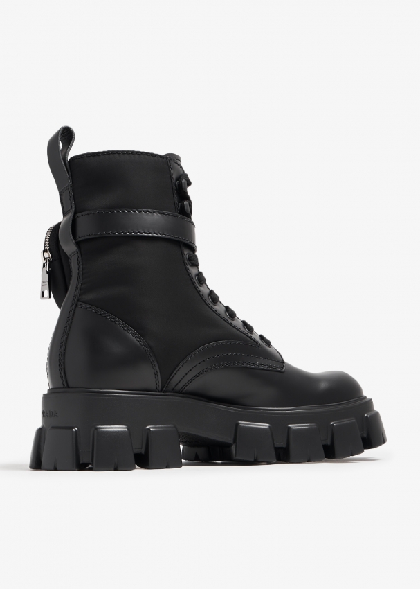 Prada Monolith brushed leather and Re-Nylon boots for Men - Black in ...