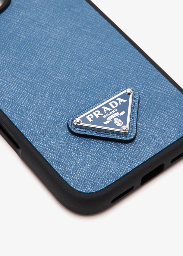 Prada iPhone 16 Pro Saffiano leather case for Men - Blue in Prada iPhone 16 Pro Saffiano leather case for Men - Blue in