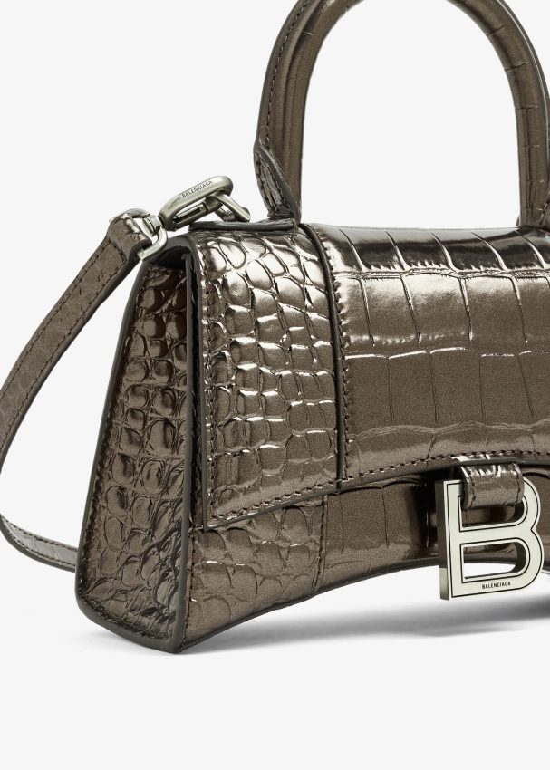 Hourglass XS Metallic Croc-Embossed Top-Handle Bag