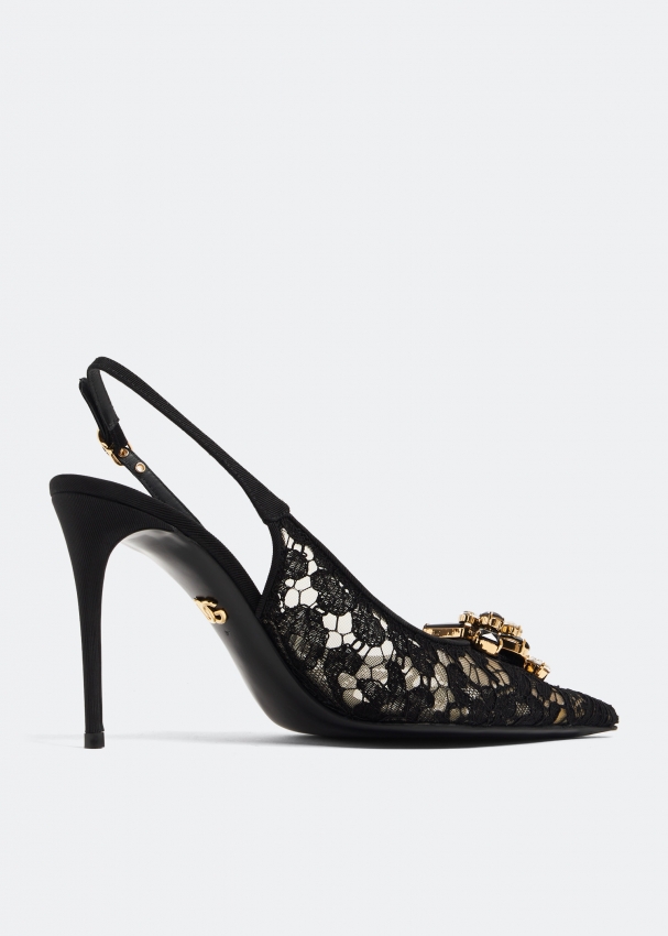 Dolce & Gabbana Black Devotion Leather Heels Slingback Shoes