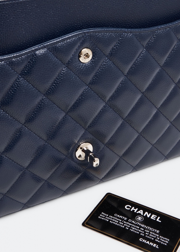 Chanel Classic Double Flap Quilted Caviar Silver-tone Medium Navy Blue - US