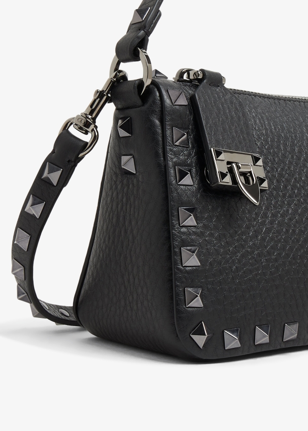 Small Rockstud Grainy Calfskin Crossbody Bag for Woman in Black