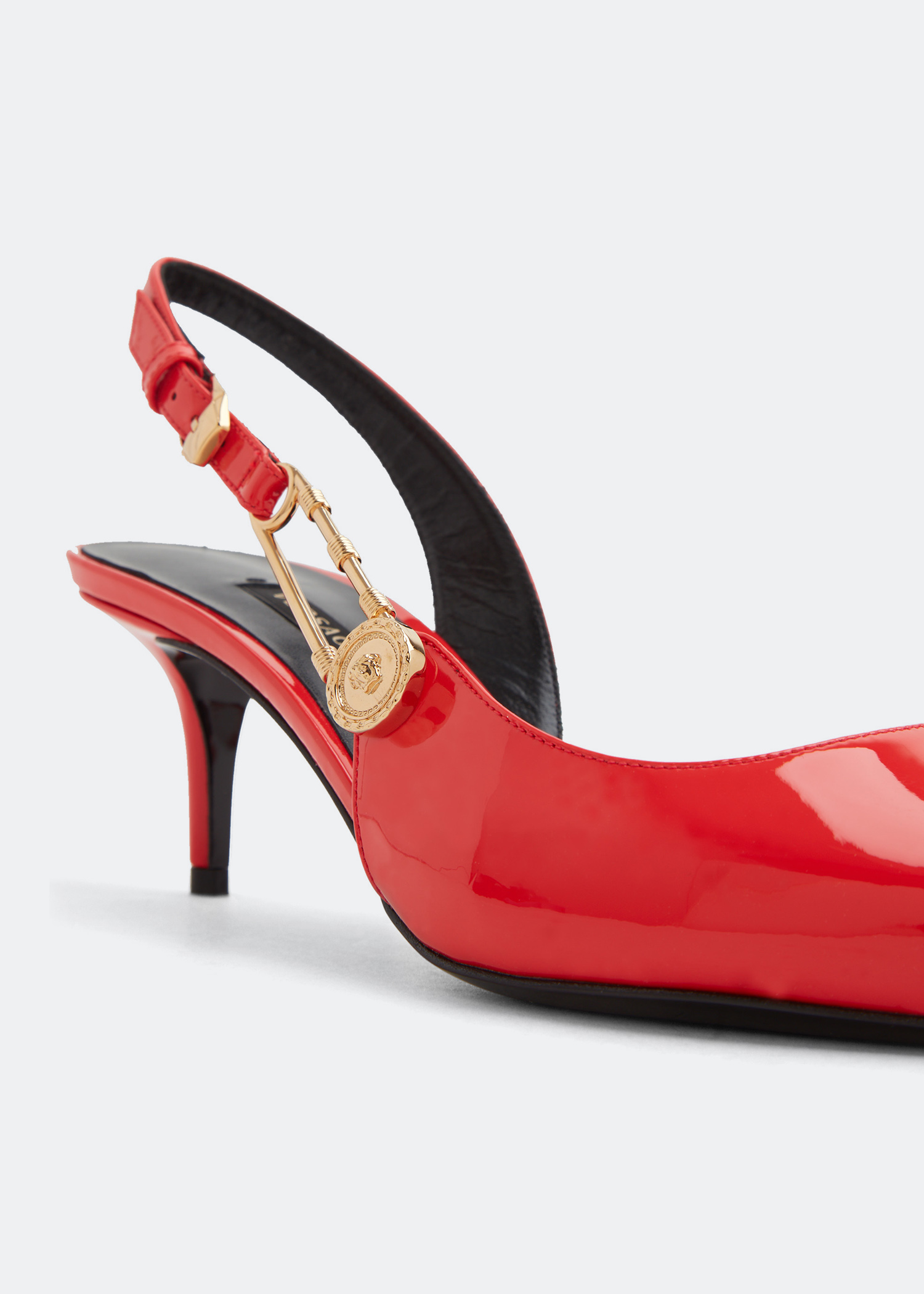 

Safety pin patent mid-heel pumps, Orange