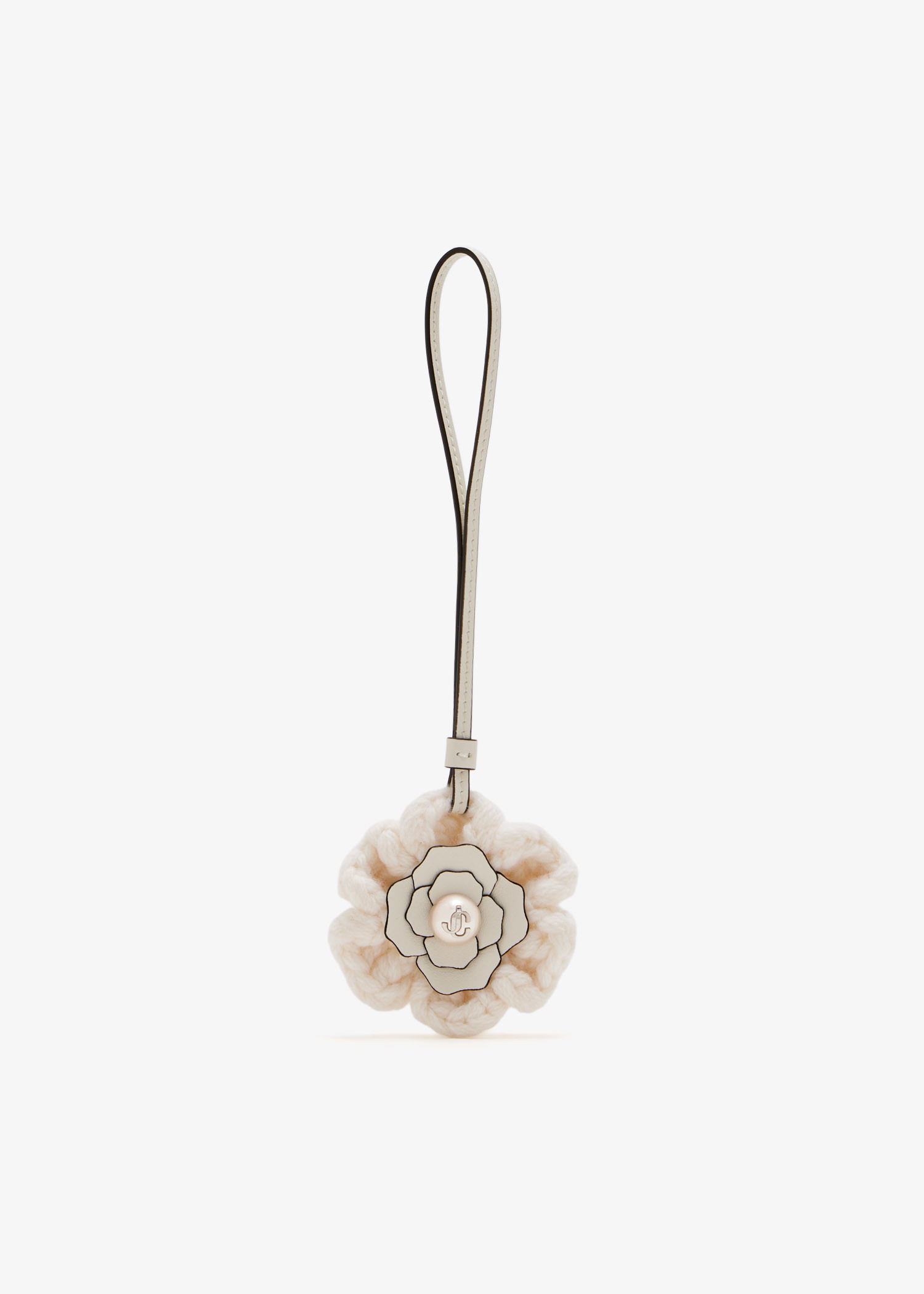 

Knitted flower bag charm, Cream