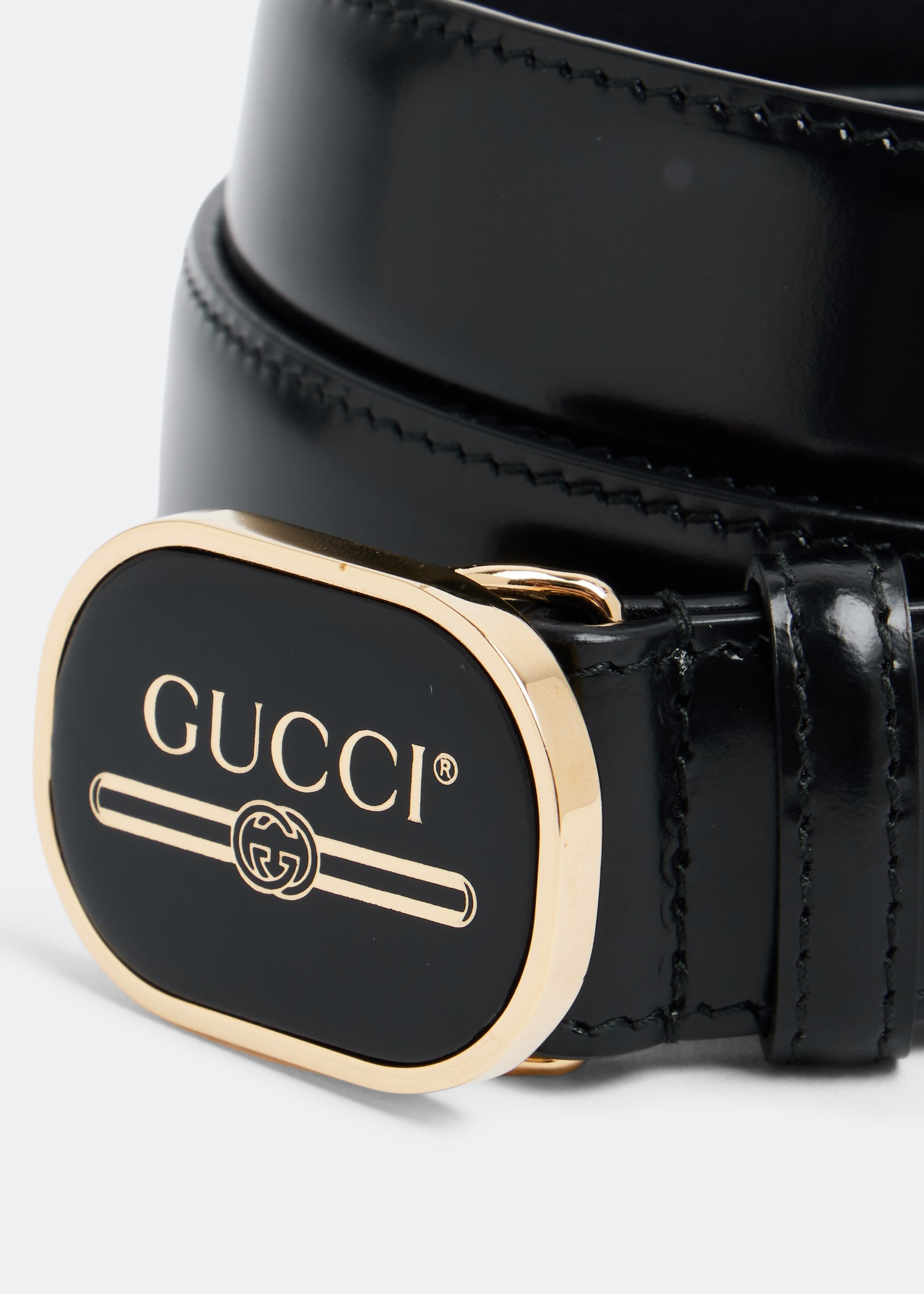 

Gucci Enamel Logo Buckle Belt in Black Leather