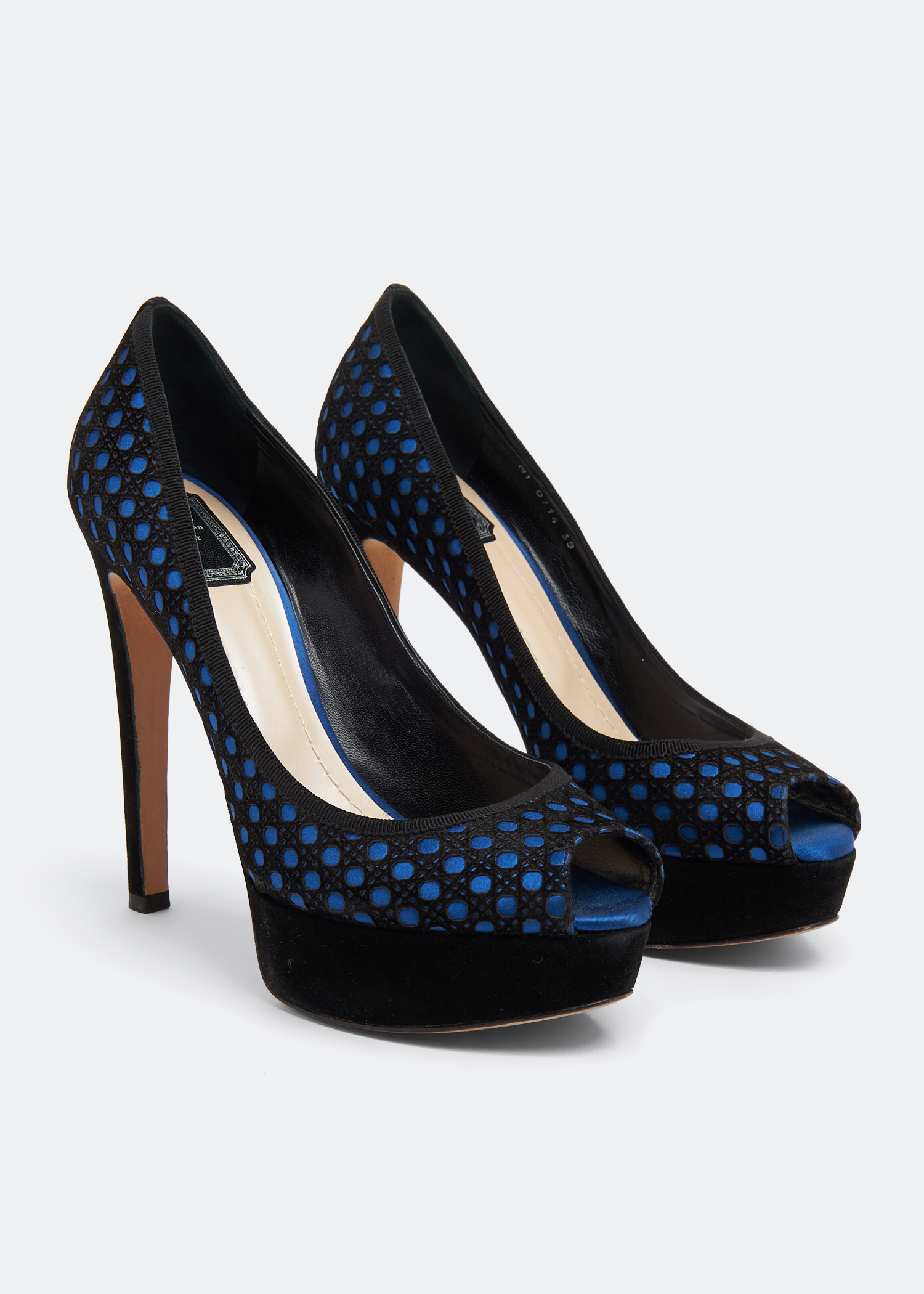 

Dior Cannage Cutout Peep Toe Platform Pumps in Blue Suede