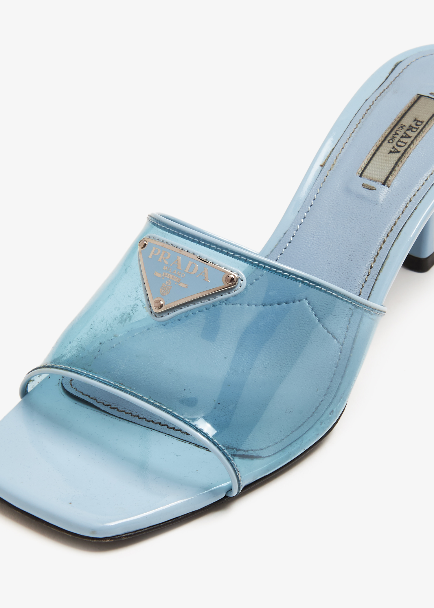 Prada Pre-Loved Triangle mules for Women - Blue in Bahrain | Level Shoes