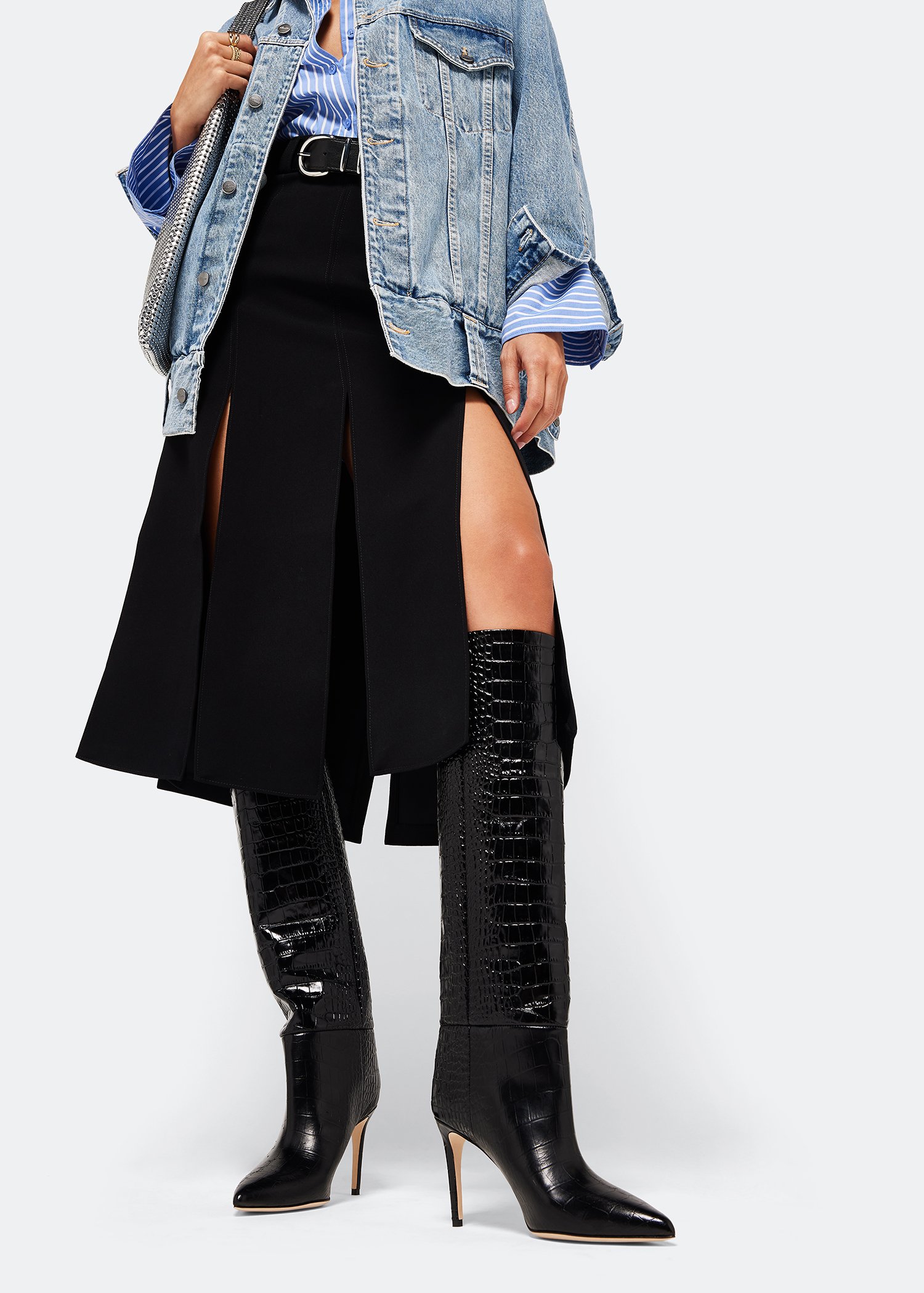 

Croc-embossed leather boots, Black