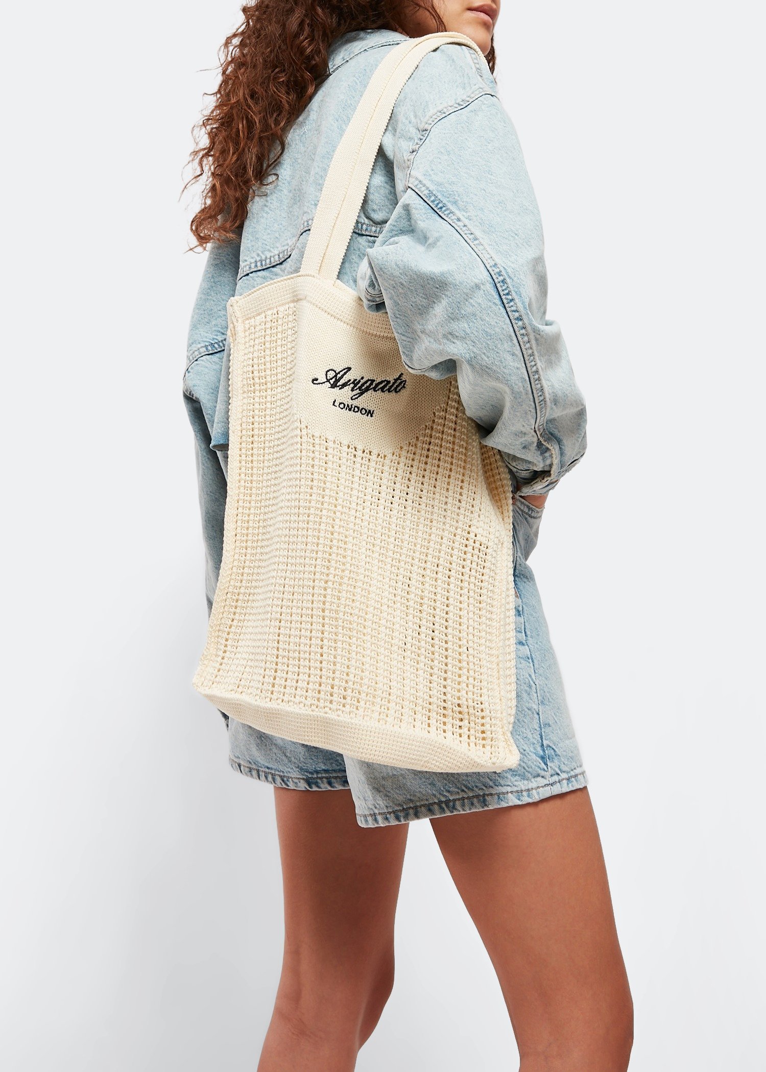 

Grid knit shopper tote bag, White